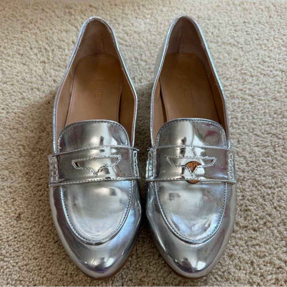 J Crew Metallic Stacked-Heel Loafers - EUC